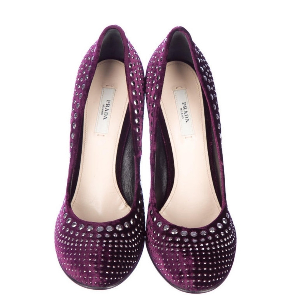 Prada Purple Velvet Studded Heels Pumps Women's Size 37 7 6.5 - Picture 3 of 6